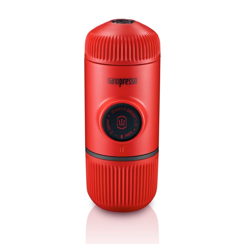صانعة الإسبريسو المحمولة WACACO Nanopresso - النسخة المطورة من Minipresso - آلة قهوة صغيرة بضغط 18 بار - تعمل يدويًا - مثالية للتخييم والمشي في الطبيعة - حمراء