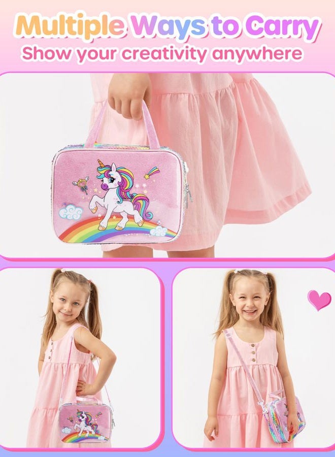 D-FantiX Unicorn Art Supplies Convertible Bag for Girls, 63Pcs Coloring Drawing Set for Kids with Fruit Scented Markers, Portable Travel Activity Kit, Birthday Gift for 4 5 6 7 8-12 Year Old Girls - Image 3