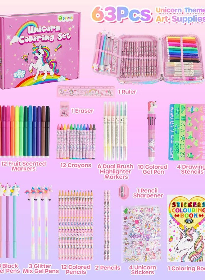 D-FantiX Unicorn Art Supplies Convertible Bag for Girls, 63Pcs Coloring Drawing Set for Kids with Fruit Scented Markers, Portable Travel Activity Kit, Birthday Gift for 4 5 6 7 8-12 Year Old Girls - Image 2