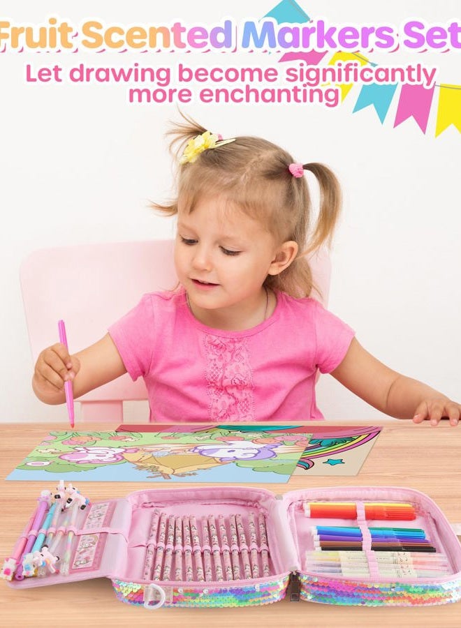 D-FantiX Unicorn Art Supplies Convertible Bag for Girls, 63Pcs Coloring Drawing Set for Kids with Fruit Scented Markers, Portable Travel Activity Kit, Birthday Gift for 4 5 6 7 8-12 Year Old Girls - Image 4