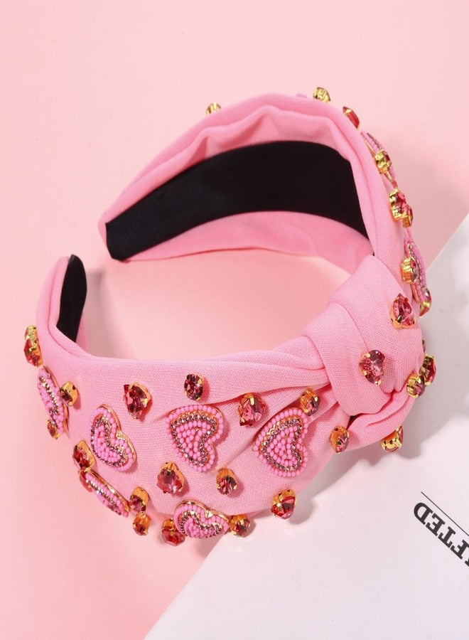 CEALXHENY Valentine's Day Headband for Women, Red Pink Rhinestone Heart Headbands, Knotted Headband, Valentine's Day Hair Accessories, Gifts (Beaded Heart F) - Image 2