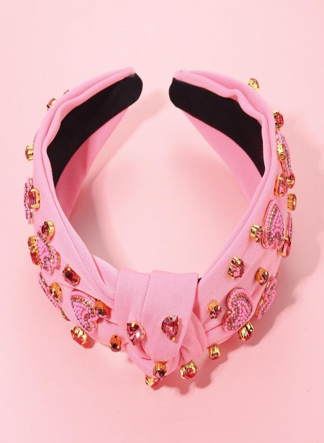 CEALXHENY Valentine's Day Headband for Women, Red Pink Rhinestone Heart Headbands, Knotted Headband, Valentine's Day Hair Accessories, Gifts (Beaded Heart F) - Image 4