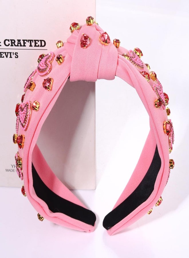 CEALXHENY Valentine's Day Headband for Women, Red Pink Rhinestone Heart Headbands, Knotted Headband, Valentine's Day Hair Accessories, Gifts (Beaded Heart F) - Image 3