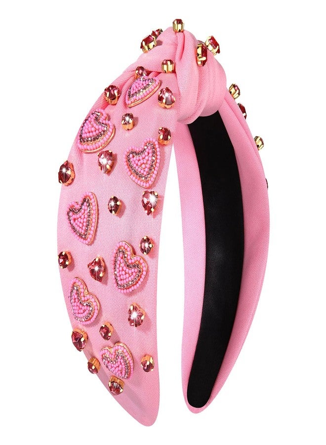 CEALXHENY Valentine's Day Headband for Women, Red Pink Rhinestone Heart Headbands, Knotted Headband, Valentine's Day Hair Accessories, Gifts (Beaded Heart F) - Image 1