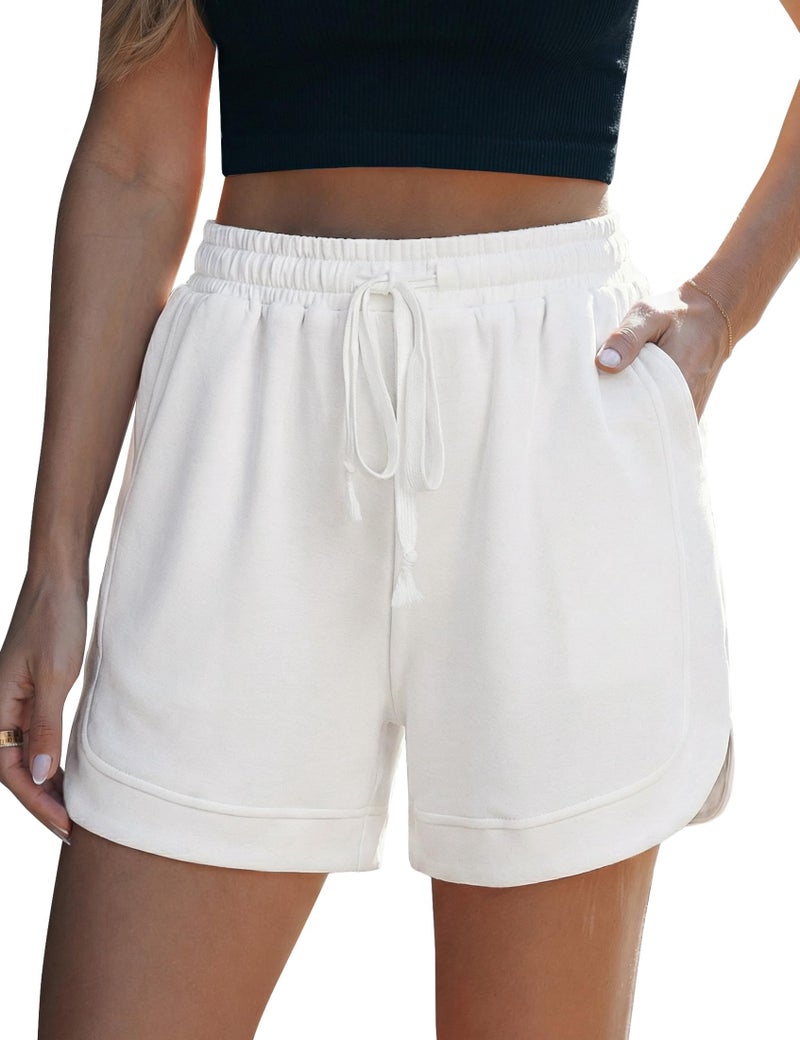 luvamia Elastic Waist Sweat Shorts for Women Vacation Outfits High Waisted Pull On Loose Fit Comfy Lounge Casual Summer Athleisure Womens Elastic Waist Shorts White Large US Size 12-14 - Image 1