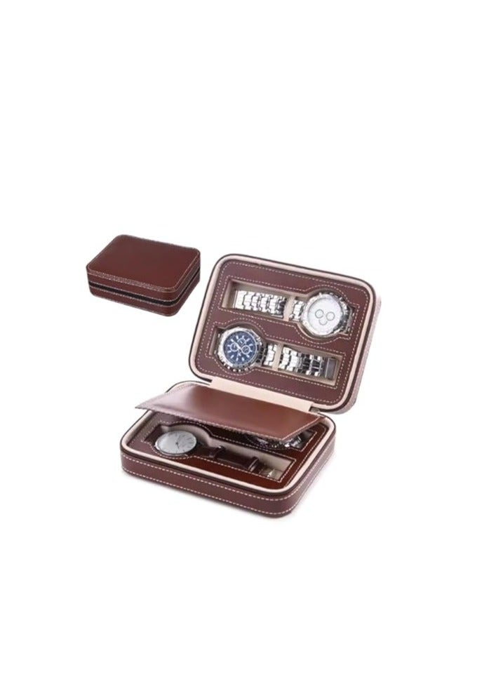 Watch Wallet Portable Travel Zipper Case (Brown) With 4 Slot  - Image 1