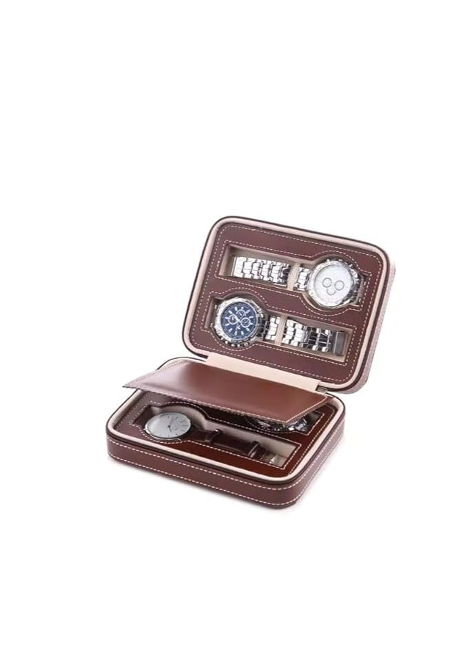 Watch Wallet Portable Travel Zipper Case (Brown) With 4 Slot  - Image 2