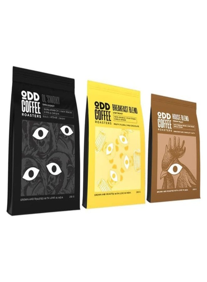 ODD COFFEE ROASTERS قهوة أود كوفي روسترز المتخصصة 250 غرام | أولد سموكي - تحميص داكن | مزيج الإفطار - تحميص فاتح | مزيجنا الخاص - تحميص متوسط | عبوة من 3 حبوب قهوة كاملة AAA - Image 1