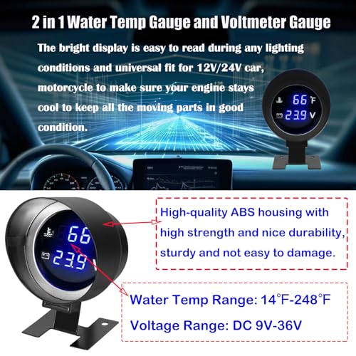 BLLYOGU 2-in-1 Water Temperature & Voltage Gauge Set - 2” 52mm Digital Blue LED Display for 12V/24V Cars - Image 3