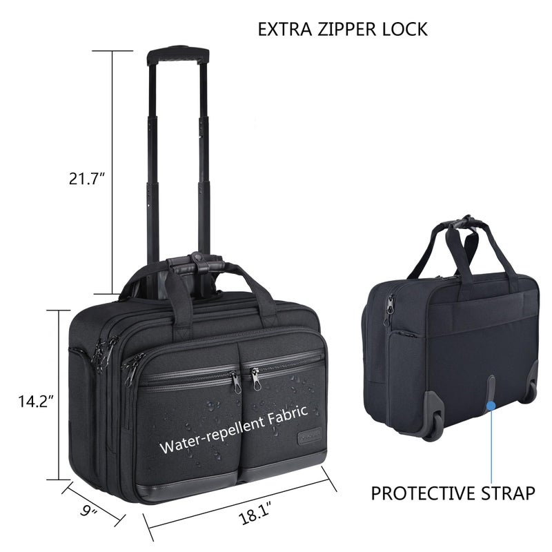 KROSER Rolling Laptop Bag Premium Rolling Briefcase Fits Up to 17.3 Inch Laptop Overnight Computer Bag with RFID Pockets for Travel/Business/Men/Women-Black - Image 3