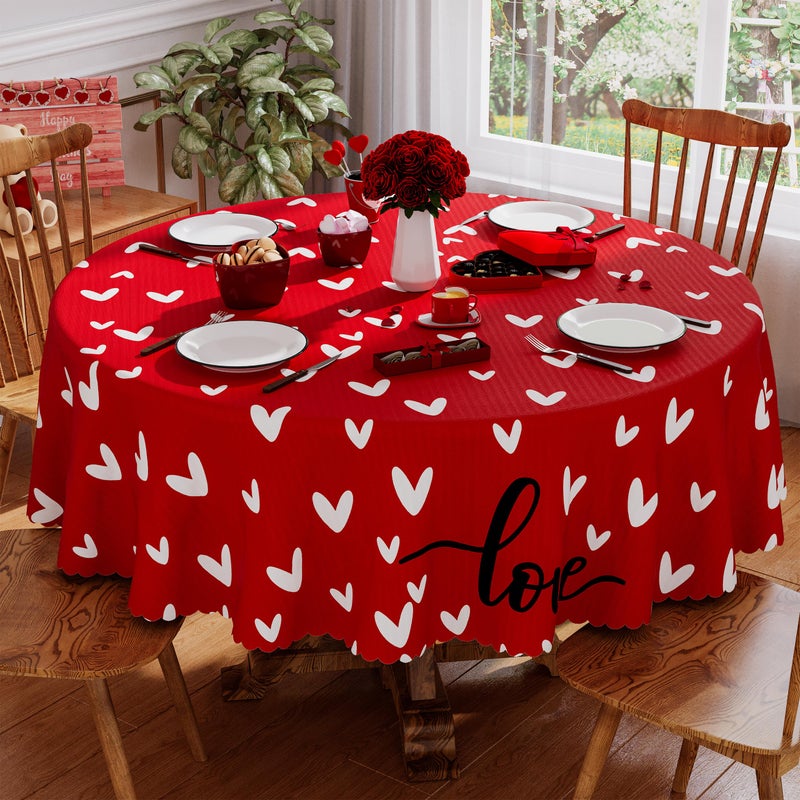 Siilues Round Valentines Tablecloth 70x70 Inch, Washable Red Love Hearts Valentines Day Tablecloth Waterproof Scalloped Edge Dining Table Cloth Sweet Home Party Decorations - Image 1
