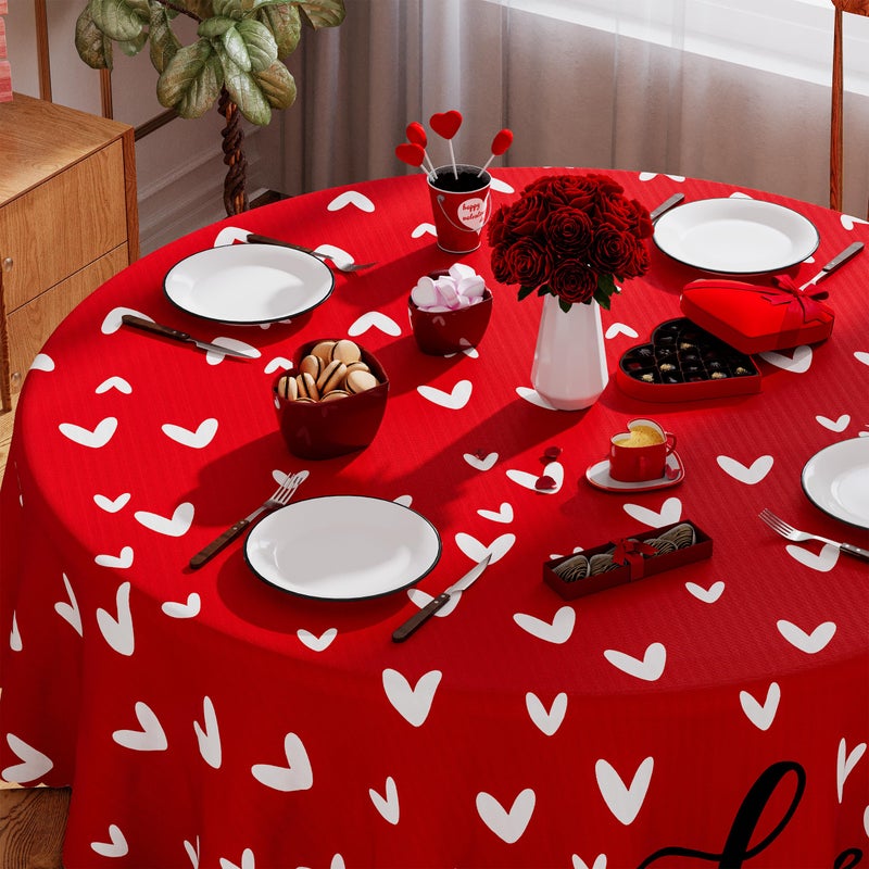 Siilues Round Valentines Tablecloth 70x70 Inch, Washable Red Love Hearts Valentines Day Tablecloth Waterproof Scalloped Edge Dining Table Cloth Sweet Home Party Decorations - Image 3