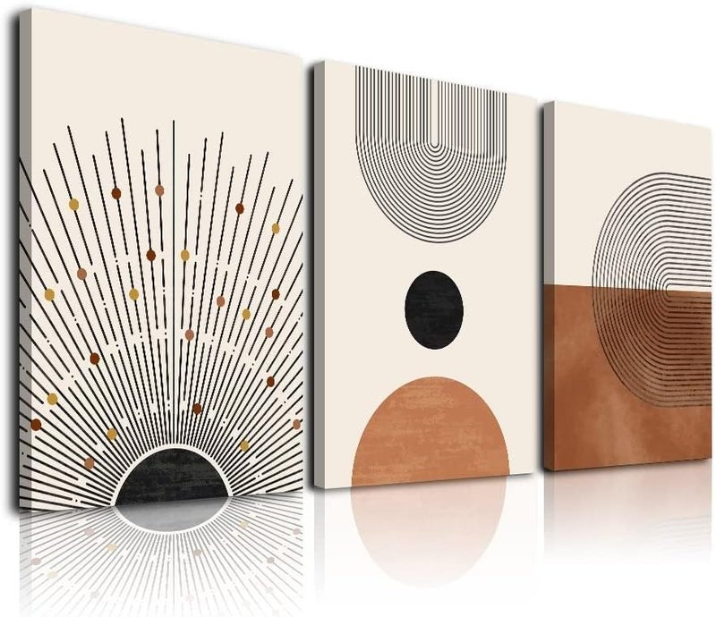 KBKBART Abstract Boho Wall Art, Mid-Century Modern Wall Prints, Framed Canvas Wall Art for Living Room, Minimalist Neutral Beige Brown Sun Geometry Black Line Artwork Paintings, Modern Boho Room Decor Ready - Image 2