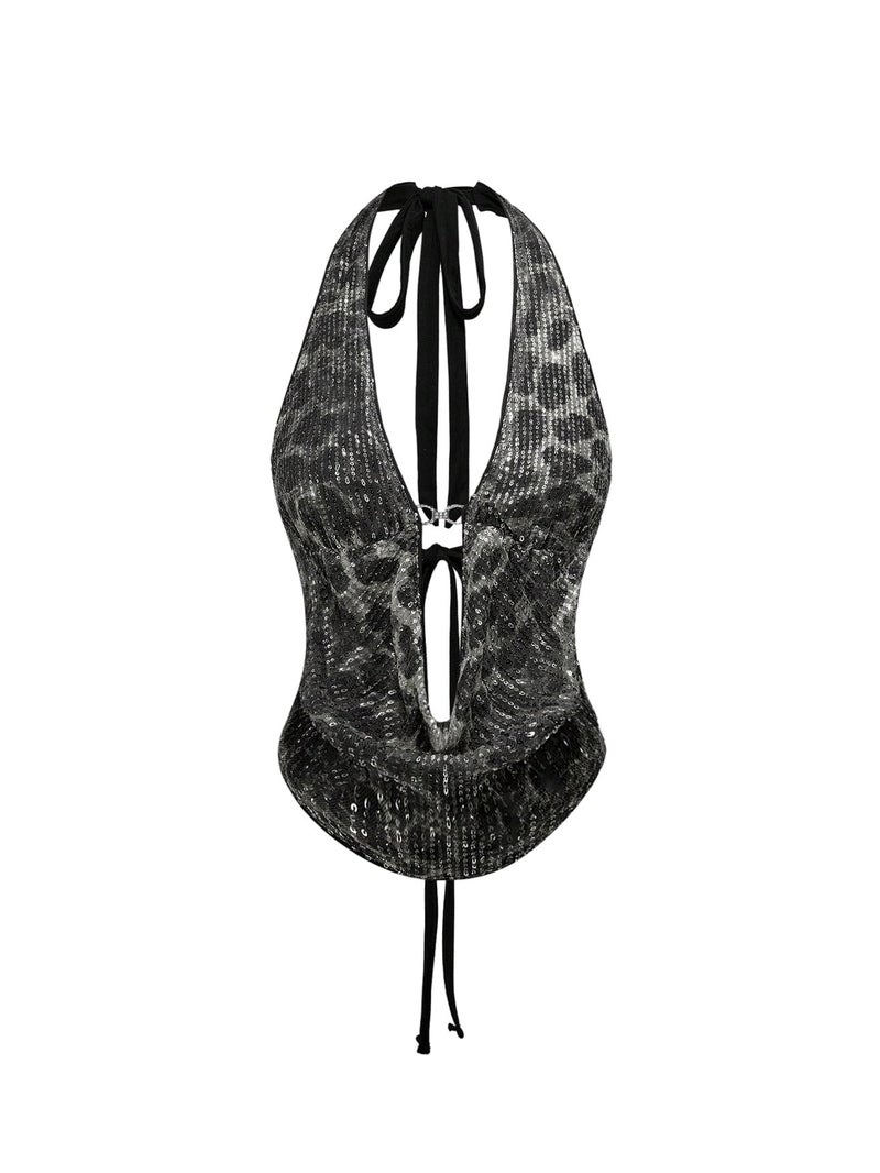 Verdusa Women's Cheetah Print Sequin Top Y2K Tie Back Corset Halter Going Out Crop Tops Black Small - Image 1