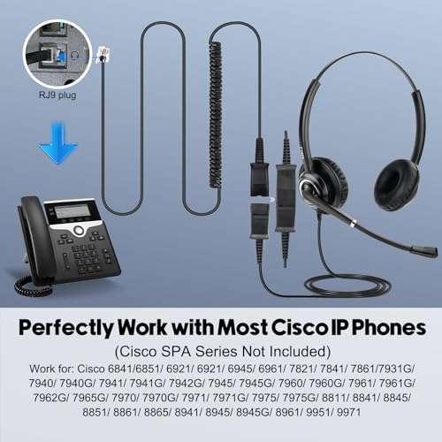MKJ Telephone Headset with Microphone Noise Canceling Corded RJ9 Dual Ear Cisco Headset for Cisco Landline Phone CP-7821 CP-7841 7931G 7940 7942G 7945G 7960 7962G 7965G 7970 8841 8865 8961 9951 - Image 5