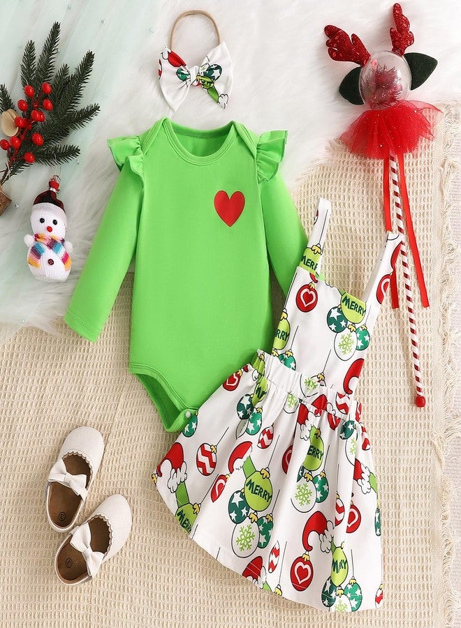 Honganda Infant Baby Girls 3Pcs Skirt Sets Green Flying Sleeve Romper Christmas Suspender Skirt with Headband (Green, 0-3 Months) - Image 2