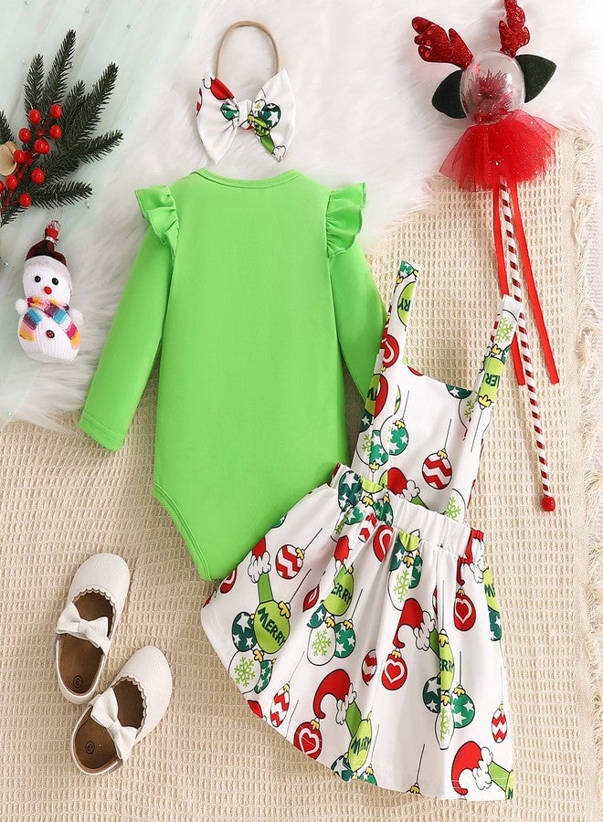 Honganda Infant Baby Girls 3Pcs Skirt Sets Green Flying Sleeve Romper Christmas Suspender Skirt with Headband (Green, 0-3 Months) - Image 3