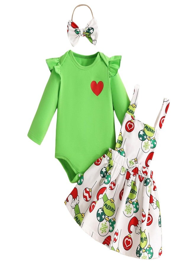 Honganda Infant Baby Girls 3Pcs Skirt Sets Green Flying Sleeve Romper Christmas Suspender Skirt with Headband (Green, 0-3 Months) - Image 1