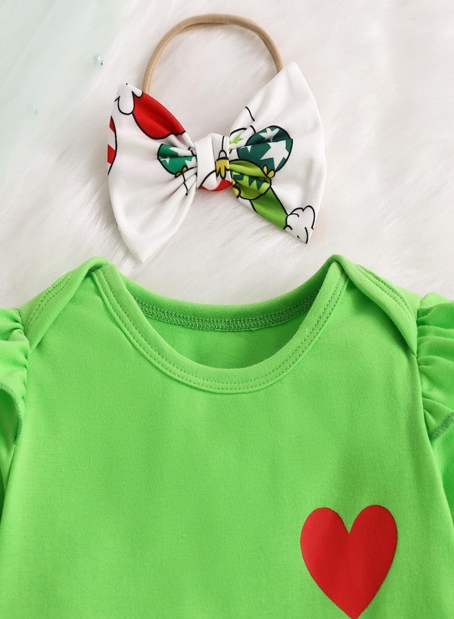 Honganda Infant Baby Girls 3Pcs Skirt Sets Green Flying Sleeve Romper Christmas Suspender Skirt with Headband (Green, 0-3 Months) - Image 4