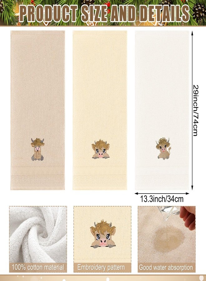 FuWeave فوويف، 3 قطع من مناشف اليد المزينة برسومات بقرة هايلاند صغيرة، مناشف حمام مزخرفة برسومات بقرة هايلاند، مناسبة لتزيين الحمام والمطبخ، مصنوعة من القطن بنسبة 100%، مقاس 13.3 × 29.5 بوصة. - Image 2