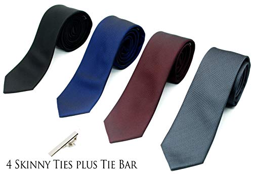 ZENXUS Skinny Solid Ties for Men, 2.5 inch Slim Neckties Matte Plain Assorted, Navy, Gray, Burgundy, Black, 4-Pack plus Silver Tie Bar - Image 4