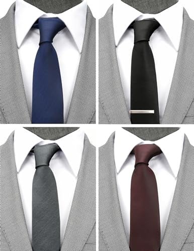 ZENXUS Skinny Solid Ties for Men, 2.5 inch Slim Neckties Matte Plain Assorted, Navy, Gray, Burgundy, Black, 4-Pack plus Silver Tie Bar - Image 2