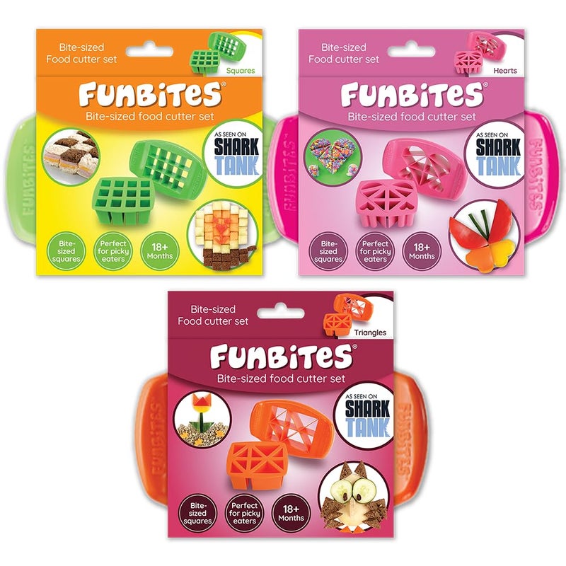 FunBites Set of 3 Food Cutters Sandwich Cutters for Kids Cuts Food into BiteSize Shapes Green Squares Pink Hearts Orange Triangles