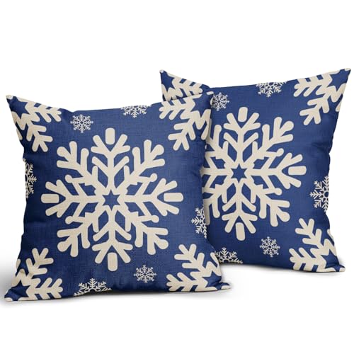 Sivirary Blue Christmas Pillow Covers 18x18 Inch Set of 2 Xmas Snowflakes Rustic Winter Themed Decorative Throw Pillow Cases Outdoor Linen Cushion Covers Farmhouse Sofa Couch Bed Decor - Image 3