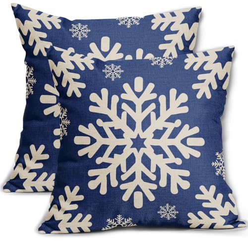Sivirary Blue Christmas Pillow Covers 18x18 Inch Set of 2 Xmas Snowflakes Rustic Winter Themed Decorative Throw Pillow Cases Outdoor Linen Cushion Covers Farmhouse Sofa Couch Bed Decor - Image 1