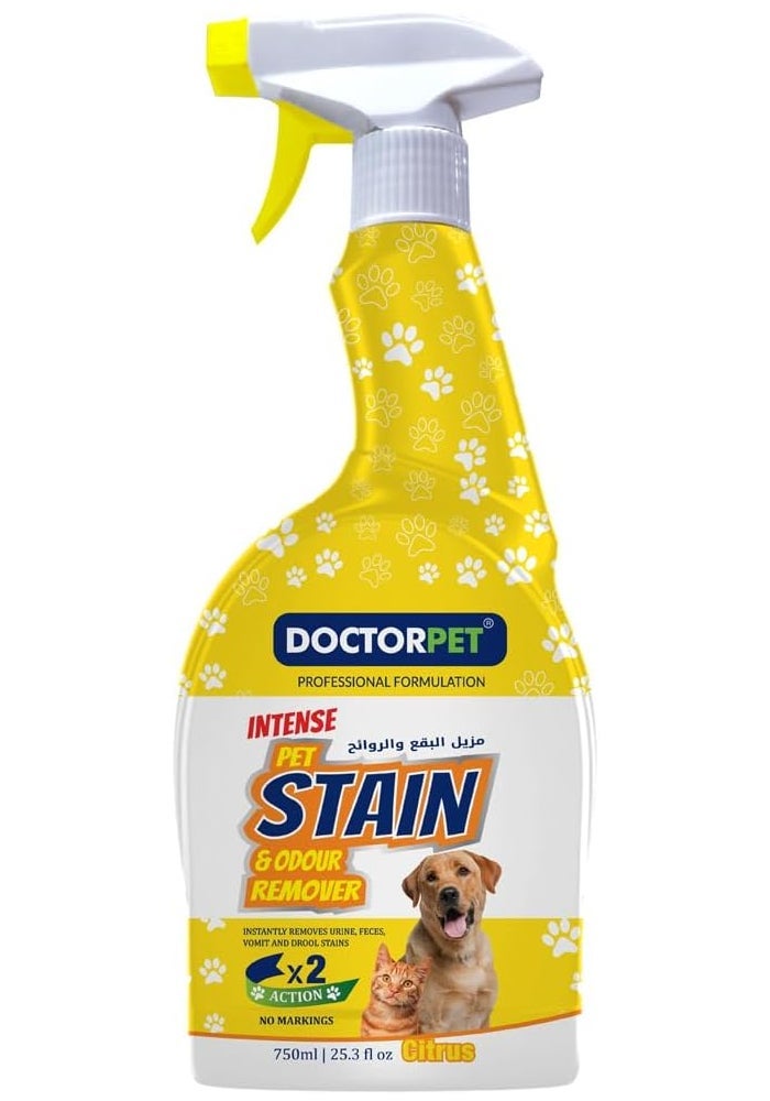 DoctorPet Stain and Odour Remover Citrus - Powerful Pet Odor Eliminator, Stain Cleaner, Natural Citrus Formula, Enzyme-Based for Carpets and Upholstery 750ml - Image 1