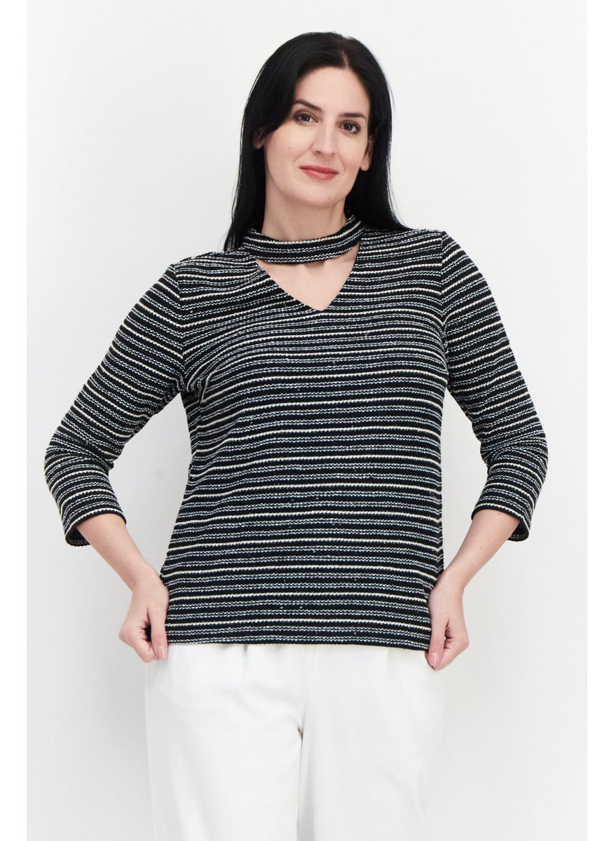 Women Choker Neck 3/4 Sleeve Striped Blouse, Black - pzsku/ZA17DF20D6A494983281CZ/45/_/1724351021/1a54d334-0368-4bed-a01d-0584b0e8406b