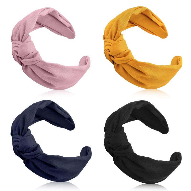 Chuangdi 4 Pcs Wide Knotted Headbands Knot Head Bands Hair Accessories Navy Blue Black Pink Yellow Non Slip Turban Headband Twist Turban Headwrap Yoga Band Elastic Hair Accessories for Women