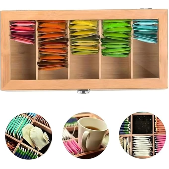 أكس سبرينج صندوق تخزين منظم أكياس الشاي من إكس سبرينج بسعة 120 كيسًا مع حامل شاي مع صناديق قابلة للإزالة وموزع أكياس شاي مزخرف وحاوية تخزين لأنواع الشاي المختلفة، هدية مثالية لمحبي الشاي - Image 5