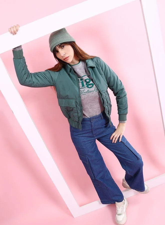 Freehand  Women Regular Fit Solid Crop Cargo Puffer Jacket for Women | Best Price UAE