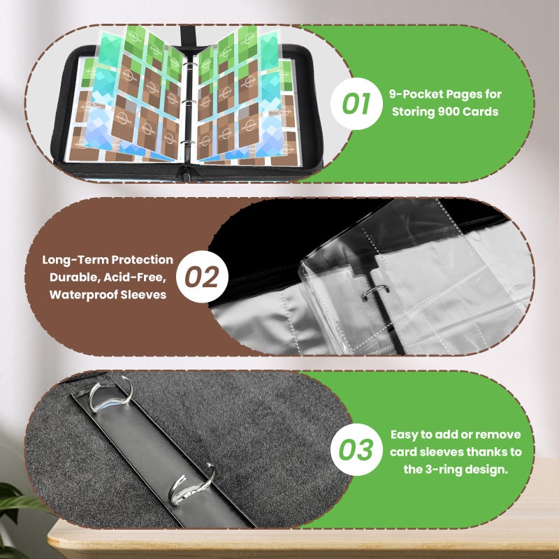 Winsing Trading Card Binder 9 Pocket, Holder 900 Pockets with 50 Removable Sleeves, Cards Binder Carrying Case Storage for Boys and Girls, 3 Ring Album Book for Sports,Game and Photo,Deep Green - Image 5
