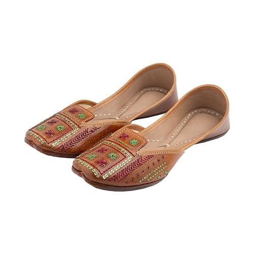 KORAKARI Women's Genuine Leather Traditional Ethnic Artsy Tan Handmade Punjabi Jutti, Leather Flat Comfortable Mojaris for Girls (Size: UK6, Tan) - Image 4