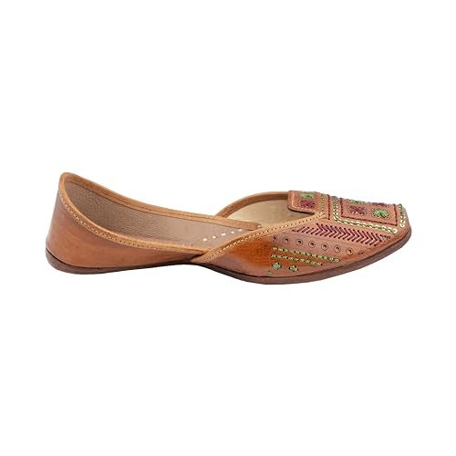 KORAKARI Women's Genuine Leather Traditional Ethnic Artsy Tan Handmade Punjabi Jutti, Leather Flat Comfortable Mojaris for Girls (Size: UK6, Tan) - Image 2