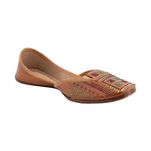 KORAKARI Women's Genuine Leather Traditional Ethnic Artsy Tan Handmade Punjabi Jutti, Leather Flat Comfortable Mojaris for Girls (Size: UK6, Tan) - Image 1