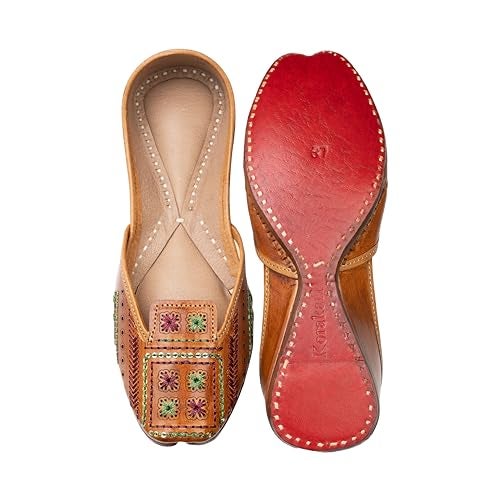 KORAKARI Women's Genuine Leather Traditional Ethnic Artsy Tan Handmade Punjabi Jutti, Leather Flat Comfortable Mojaris for Girls (Size: UK6, Tan) - Image 5