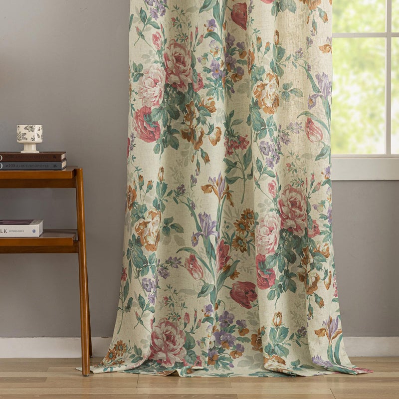 FINECITY Vintage Curtains 2 Panels Linen Textured Victorian Roses Flowers Pattern Living Room Curtains 95 Inches Long  Grommet Privacy Window Semi Sheer Botanical French Country Floral Curtain Panels  50X95 In - Image 5