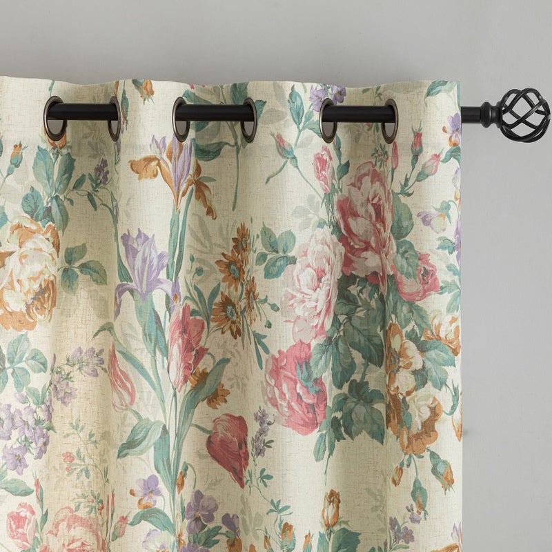 FINECITY Vintage Curtains 2 Panels Linen Textured Victorian Roses Flowers Pattern Living Room Curtains 95 Inches Long  Grommet Privacy Window Semi Sheer Botanical French Country Floral Curtain Panels  50X95 In - Image 2