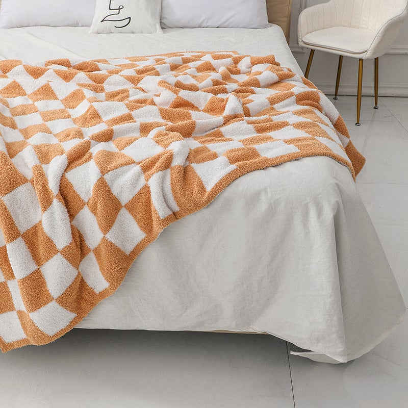 ins Nordic sofa blanket does not shed wool half velvet blanket checkerboard blanket knitted blanket air-conditioning small blanket nap blanket checkerboard pink 130*160CM-950g - Image 2