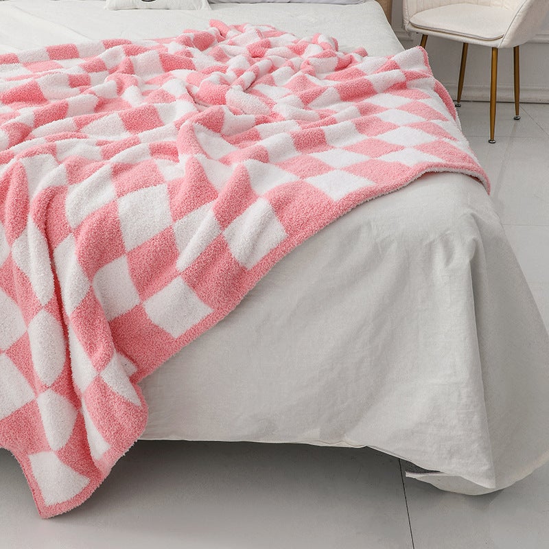 ins Nordic sofa blanket does not shed wool half velvet blanket checkerboard blanket knitted blanket air-conditioning small blanket nap blanket checkerboard pink 130*160CM-950g - Image 5