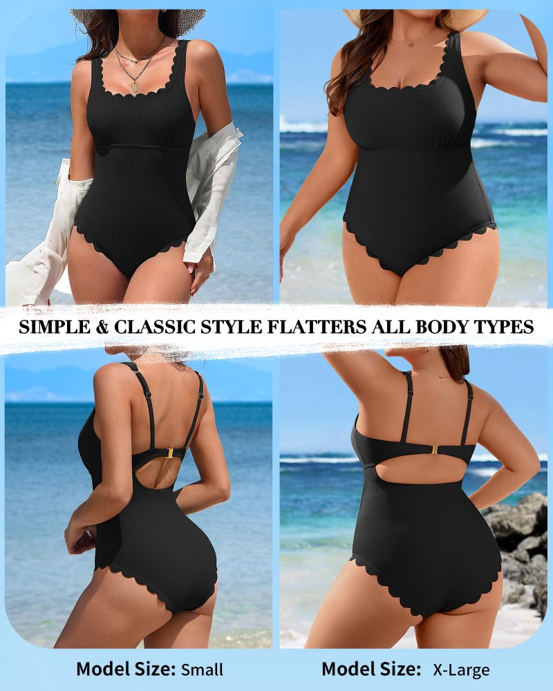 Charmo Womens Scalloped Ribbed One Piece Swimsuits Retro Square Neck Modest Bathing Suits Black S - Image 5