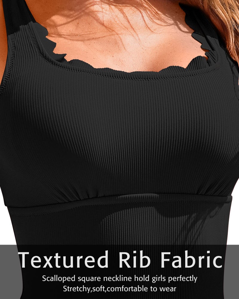 Charmo Womens Scalloped Ribbed One Piece Swimsuits Retro Square Neck Modest Bathing Suits Black S - Image 4