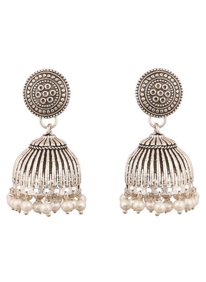 Touchstone "Tribal Bohemian Chic" Gypsy Indian Jewelry-Afghani mystic dusky designer Jhumki earrings hung with faux pearls for women in oxidized silver tone for women. - Image 1