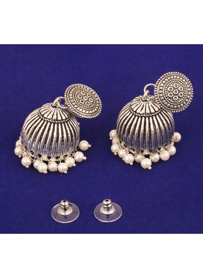 Touchstone "Tribal Bohemian Chic" Gypsy Indian Jewelry-Afghani mystic dusky designer Jhumki earrings hung with faux pearls for women in oxidized silver tone for women. - Image 3