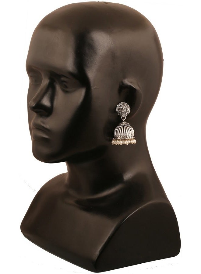 Touchstone "Tribal Bohemian Chic" Gypsy Indian Jewelry-Afghani mystic dusky designer Jhumki earrings hung with faux pearls for women in oxidized silver tone for women. - Image 2