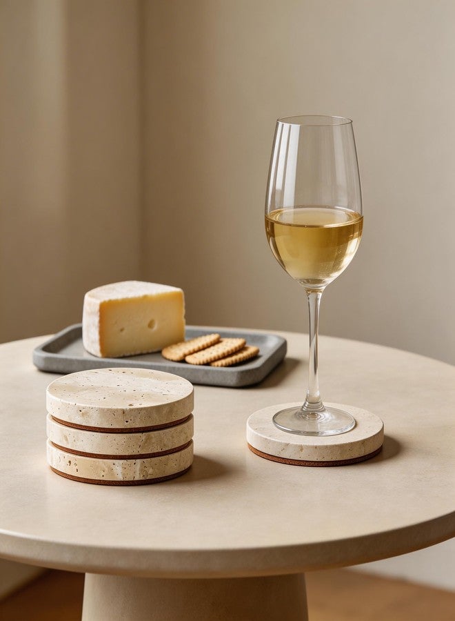 WORHE Natural Travertine Marble Coasters Set of 4-4" Round Stone Drink Coasters, Non-Slip Cork Backing, Housewarming Gift, Wedding, Protect Tables from Stains & Scratches (BD140) - Image 2