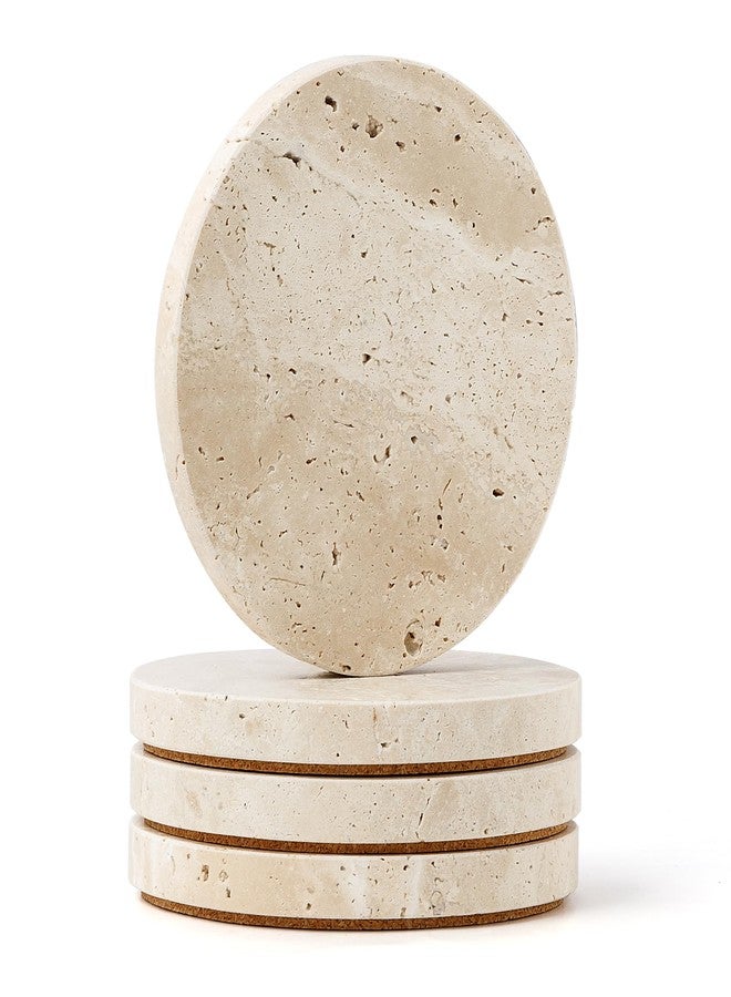 WORHE Natural Travertine Marble Coasters Set of 4-4" Round Stone Drink Coasters, Non-Slip Cork Backing, Housewarming Gift, Wedding, Protect Tables from Stains & Scratches (BD140) - Image 1